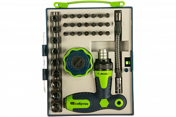 Т-образная отвертка и трещотка, реверсивные, с набором бит, торцевых головок СИБРТЕХ 13383