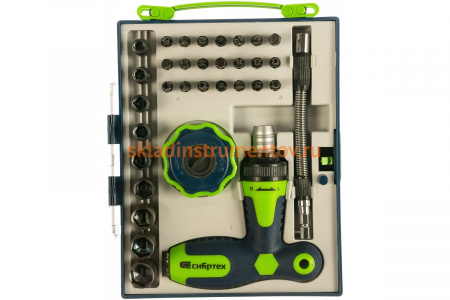 Т-образная отвертка и трещотка, реверсивные, с набором бит, торцевых головок СИБРТЕХ 13383