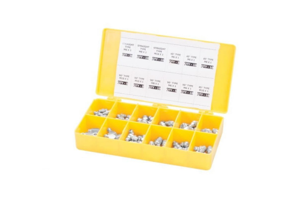 Комплект пресс-масленок в пластиковой коробке 110 шт М6 М8 М10 прямой 45 90 градусов GROZ GR43991