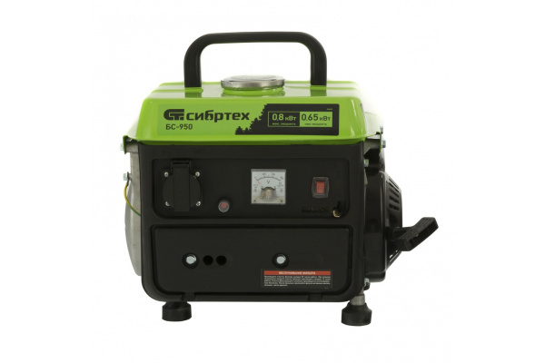 Бензиновый генератор СИБРТЕХ БС-950 0,8 кВт 230 В, 2-х такт, 4 л, ручной стартер 94665
