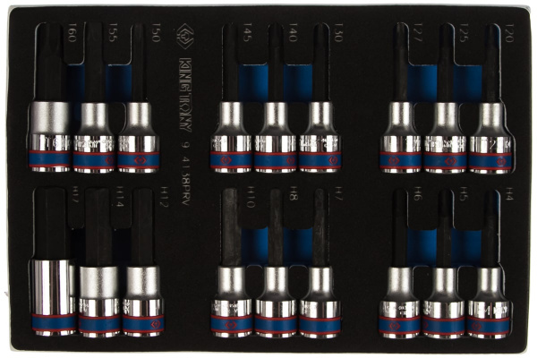 Набор торцевых насадок 1/2", TORX, HEX, L = 80 мм, ложемент, 18 предметов KING TONY 9-4138PRV