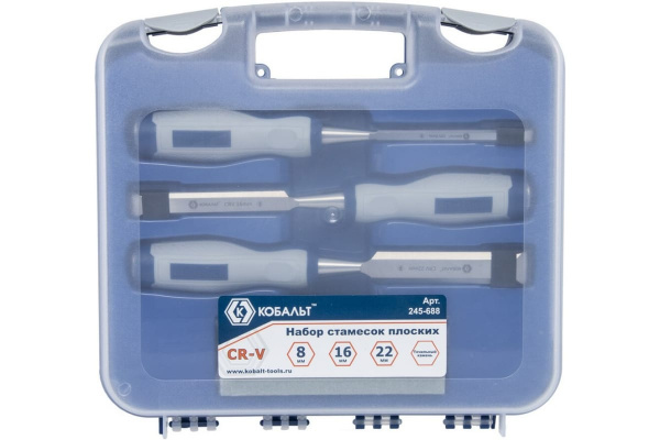 Набор плоских стамесок: 8, 16, 22мм, длина 140мм, CR-V, двухкомпонентные рукоятки, точильный камень, 3шт, кейс КОБАЛЬТ 245-688