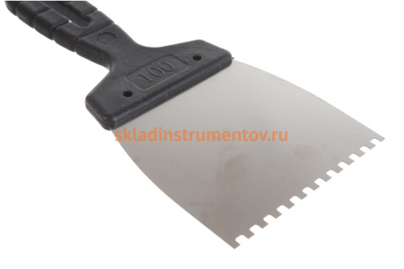 Шпатель из нержавеющей стали, 100 мм, зуб 4x4 мм, пластмассовая ручка СИБРТЕХ 85453